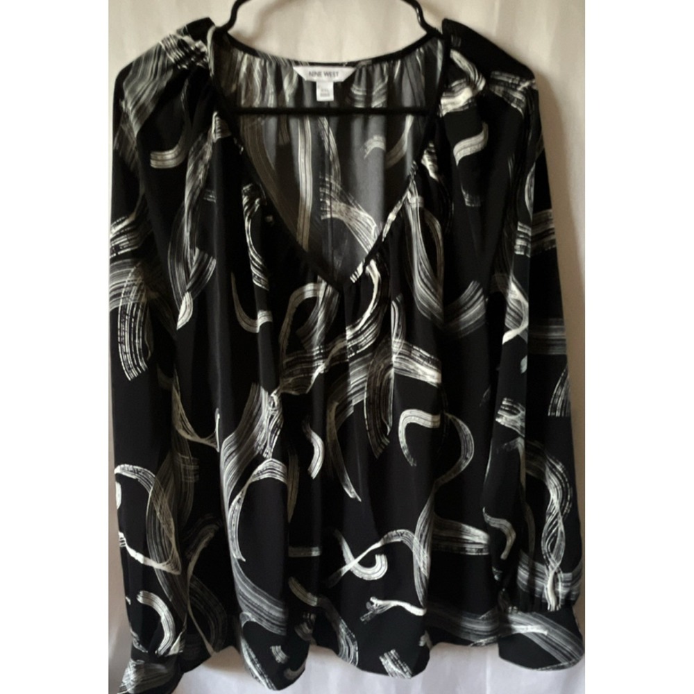 Nine‎ West Abstract V-Neck Black White Long Sleeve Blouse XXL Pullover